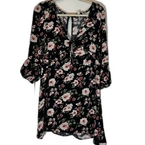 American Eagle Dress M Black Floral Long Ruffle Sleeve V-Neck Bohochic Romantic